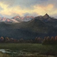 695:  Mountain Evening  18x32  Oil on canvas panel